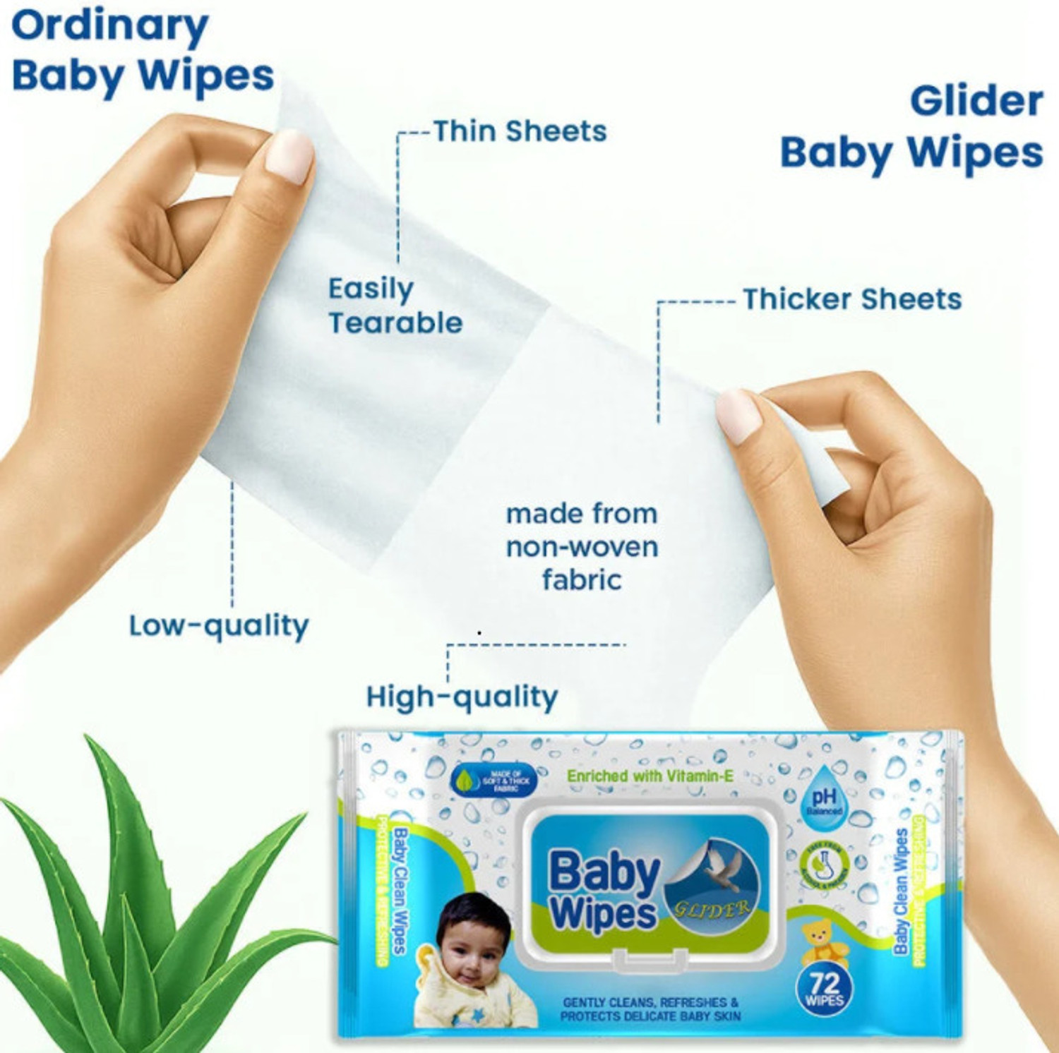 Image of GLIDER Baby Wipes Flip-Top, Aloe Vera & Vit E, pH Balanced, 72 Wipes (72 Wipes)