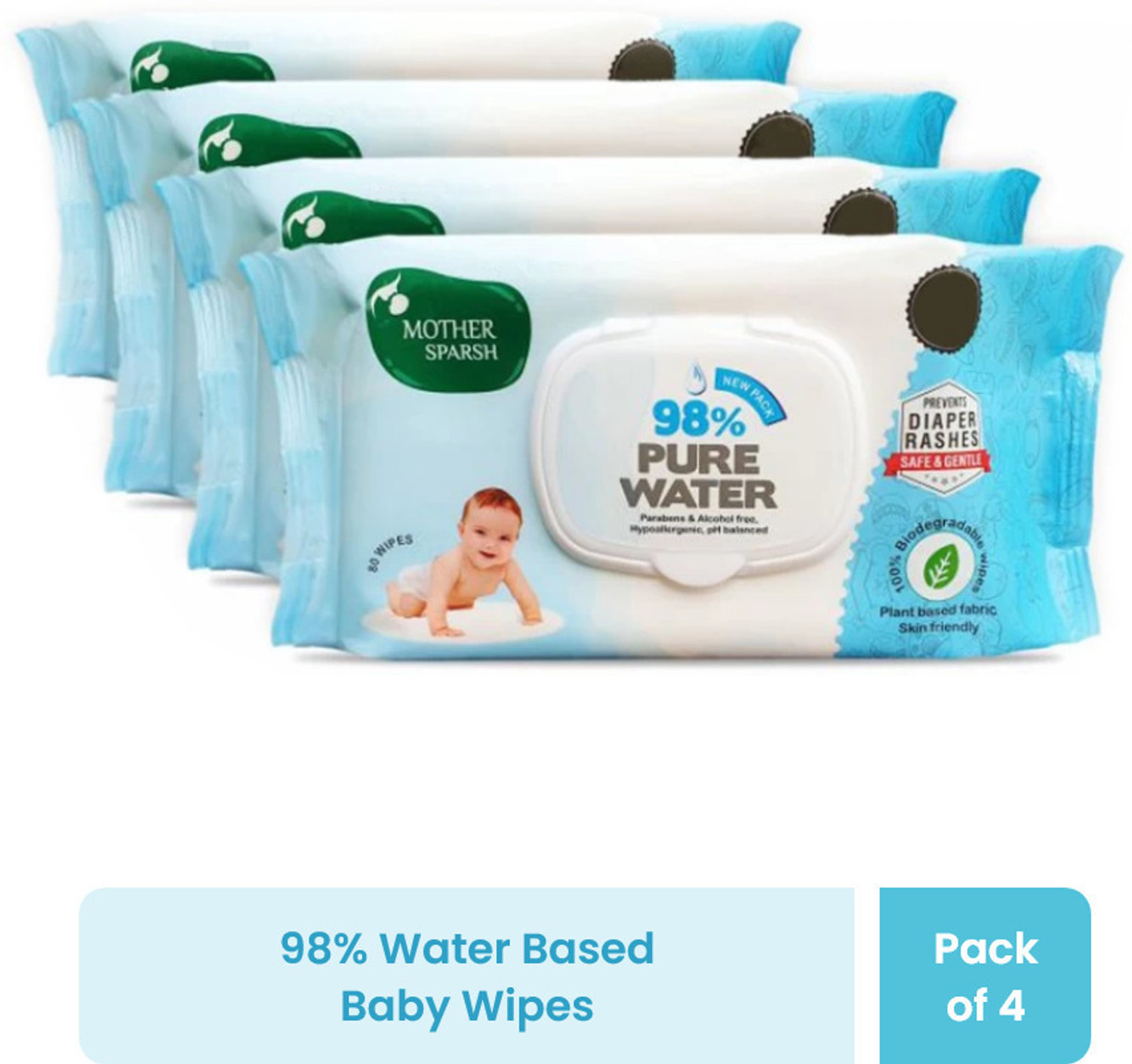 Mother Sparsh 98% Water Based Wipes (mild scented) - Natural Plant Derived Fabric, 80 Wipes Each, Pack of 4 (Super Saver Pack)