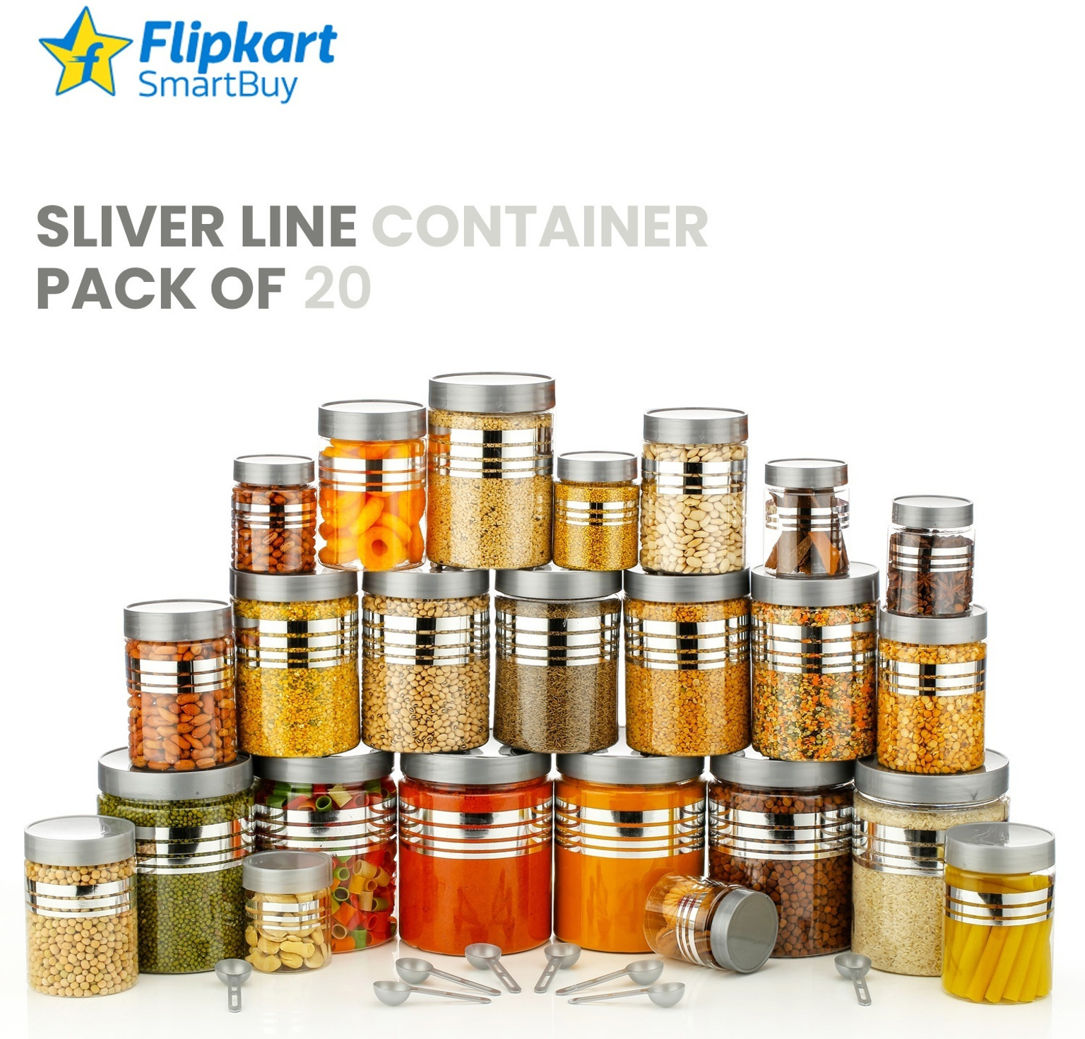 Flipkart SmartBuy Plastic Grocery Container  - 1250 ml, 650 ml, 350 ml, 250 ml (Pack of 20, Silver)