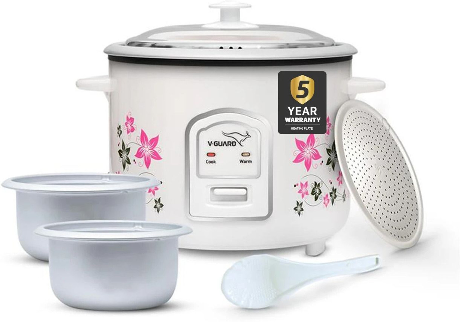 V-Guard VRC 1.8C with 2 Pots Electric Rice Cooker (1.8 L, White, Floral Pattern)