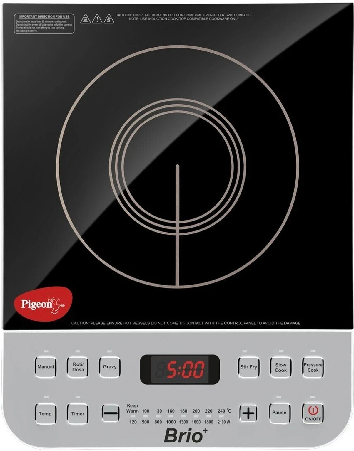 Pigeon 2100 W Induction Cooktop Push Button (Silver, Black, Brio+)