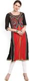 W Women Printed Straight Kurta (Red, Black)