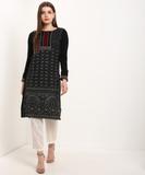 W Women Printed Straight Kurta (Black)