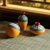 ExclusiveLane Warli Hand-Painted Terracotta Mini Pots (Set of 3, Yellow) Table D cor Decorative Showpiece - 10 cm (Terracotta, Yellow)