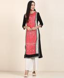 W Women Printed Straight Kurta (Black, Pink)