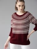 Roadster Woven Round Neck Casual Women Maroon Sweater