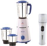 BAJAJ Pluto 500 W Mixer Grinder (Mixer Grinder Combo With Chamak Tourch | 3 Jars | White, Blue)