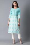 W Women Floral Print Straight Kurta (Blue)