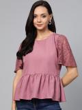 PLUSS Casual Half Sleeve Solid Women Pink Top