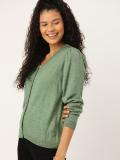 Dressberry Solid V Neck Casual Women Green Sweater