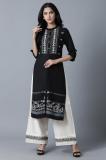 W Women Printed Straight Kurta (Black)