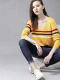 Roadster Striped V Neck Casual Women Yellow, Multicolor Sweater