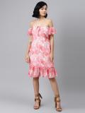 SASSAFRAS Women Fit and Flare Pink, White Dress