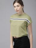 Roadster Striped Women Round Neck Dark Green T-Shirt