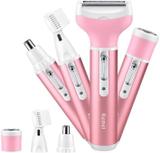 Kemei Km-6637 Ladies 4 in 1 Rechargeable Shaver With Trimmer for Women Body Razor Eyebrow Nose Lips Underarm Bikini Line Trimmer Hair Removal Body Groomer 40 min  Runtime 4 Length Settings (Pink)