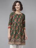 Rain & Rainbow Women Printed A-line Kurta (Green)