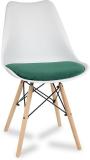 Finch Fox Eames Replica Nordan DSW Stylish Modern Plastic Dining Chair on Beech Wooden Legs with White Shell & Green Velvet Fabric Cushion Color Plastic Dining Chair (Set of 1, Finish Color - White Pe Dark Green Velvet)