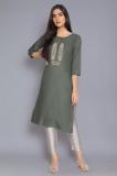 W Women Embroidered Straight Kurta (Green)