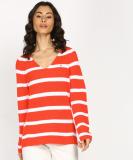 TOMMY HILFIGER Striped V Neck Casual Women Red Sweater