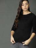 Roadster Self Design Round Neck Casual Women Black Sweater