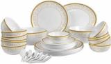 cello Pack of 33 Opalware Amber Gold {{ Full Plate - 6 Pcs || Quarter Plate - 6 Pcs || Veg Bowl - 6 Pcs || Soup Bowl - 6 Pcs || Serving Bowl - 2 Pcs || Rice Plate - 1 Pcs || Dinner Spoon - 6 Pcs }} Dinner Set (White, Microwave Safe)