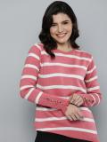 HERE&NOW Striped Round Neck Casual Women Pink Sweater