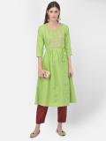 Span Women Embroidered A-line Kurta (Green)