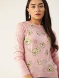 Dressberry Floral Print Round Neck Casual Women Pink Sweater