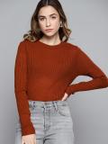 CHEMISTRY Woven Round Neck Casual Women Brown Sweater