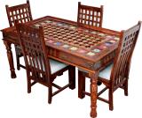 Advika Handicraft Sheesham Wood Antique Brass Design with Tile Work 4 Seater Dining Table with 4 Chair for Living Room Solid Wood 4 Seater Dining Table (Finish Color - Honey, DIY(Do-It-Yourself))