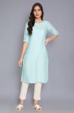 W Women Solid Straight Kurta (Blue)