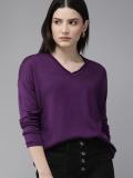 Roadster Solid V Neck Casual Women Purple Sweater