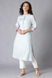 W Women Striped Straight Kurta (Light Blue)