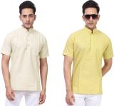 Kundan Men Solid Straight Kurta (Beige, Yellow)