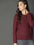 Roadster Self Design Round Neck Casual Women Maroon Sweater