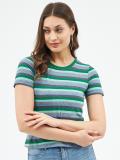 HARPA Striped Women Round Neck Green T-Shirt