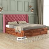 Taskwood Furniture Solid Wood Queen Size Bed With Fabric Headboard And Box Storage For Bedroom Solid Wood Queen Box Bed (Finish Color - Honey Teak Finish, Delivery Condition - DIY(Do-It-Yourself))