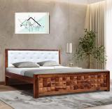 WoodMart Greyish Upholstered Cushioned Headboard for Bedroom|Rosewood Solid Wood Queen Bed (Finish Color - Brown, Delivery Condition - Knock Down)