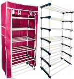 TURBOMAX 6Tiers Book Shelf Plastic Rack With Cover Wardrobe Portable Multipurpose Folding Plastic Open Book Shelf (Finish Color - Maroon, DIY(Do-It-Yourself))