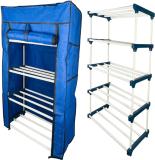 QUARCK 4Tiers Book Shelf Plastic Rack With Cover Wardrobe Portable Multipurpose Folding Plastic Open Book Shelf (Finish Color - Blue, DIY(Do-It-Yourself))