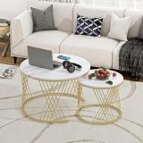 WoodenTwist Cross Design Metallic Set of 2 Round Engineered Wood Coffee Table (Finish Color - Golden & White, Pre-assembled)