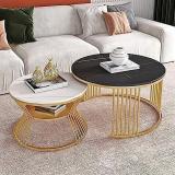 Yusha handicrafts Gold Iron Frame Modern Laminated Marbled Round Coffee Table Set of 2 Engineered Wood Coffee Table (Finish Color - Multicolour, Pre-assembled)