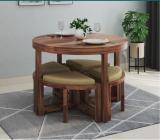 apana timber Solid Sheesham Wood Round Coffee Table With Four Stools For Living Room/ Caf || Solid Wood Coffee Table (Finish Color - Natural Finish, Pre-assembled)