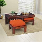 WayWood Solid Sheesham Wood Coffee Table With 2 Stool Solid Wood Coffee Table (Finish Color - Mahogany, Pre-assembled)