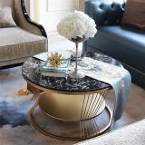 SS CRAFTMAKERS Round Coffee Table Double Layer Marble Look Stone Coffee Table (Finish Color - Black Gold, Pre-assembled)