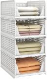 Sunvibe Set of 4 Clothes Organizer for Wardrobe Stackable Closet Organizer Drawers PP Collapsible Wardrobe (Finish Color - White 04, Pre-assembled)