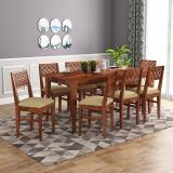 Mooncraft Furniture Wooden Dining Table with 8 Chairs Solid Wood 8 Seater Dining Set (Finish Color -Honey Finish With Cream Cushions, Knock Down)