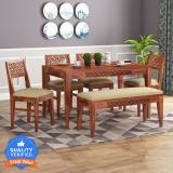 Kendalwood Furniture Premium Dining Room Furniture Wooden Dining Table with 4 Chairs & 1 Bench Solid Wood 6 Seater Dining Set (Finish Color -Honey Finish With Cream Cushion, DIY(Do-It-Yourself))