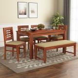 Mooncraft Furniture Wooden Dining Table with 4 Chairs & 1 Bench Solid Wood 6 Seater Dining Set (Finish Color -Honey Finish With Cream, Knock Down)