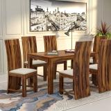 Douceur Furnitures Solid Sheesham Wood Six Seater Dining Set For Dining Room , Restaurant . Solid Wood 6 Seater Dining Set (Finish Color -Natural Teak Design 4, Knock Down)